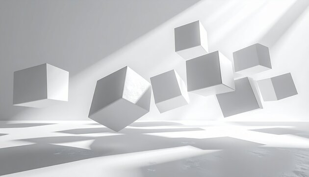 Abstract geometric cubes floating in soft white space with realistic shadows