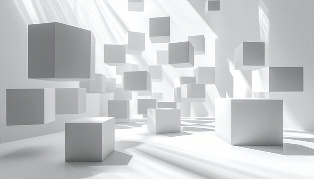 Abstract geometric cubes floating in soft white space with realistic shadows