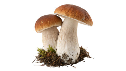 Fototapeta premium Two fresh raw edible porcini mushrooms forest harvest isolated on a white background
