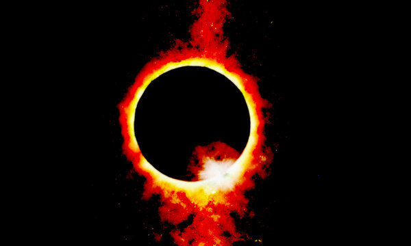 Fiery ring of solar eclipse with flames