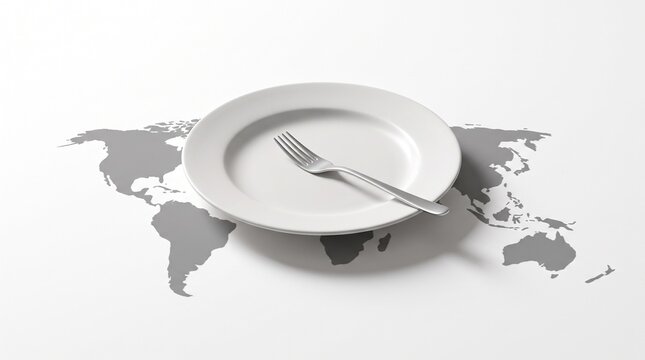 An empty plate with a fork rests atop a grayscale world map, symbolizing global hunger and food scarcity.
