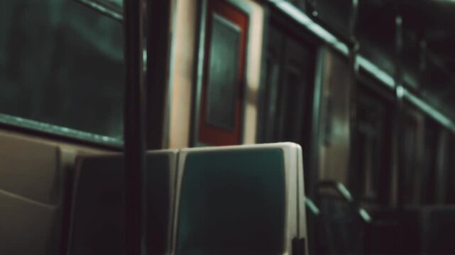 The scene shows an empty subway car with rows of seats. The lights are dim, and the atmosphere feels quiet. The time appears to be late in the evening.