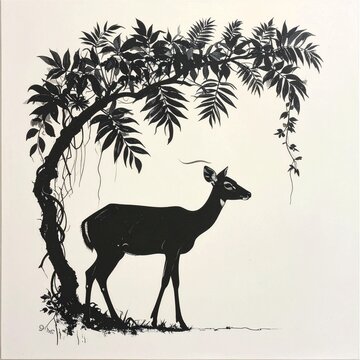 Elegant Deer Silhouette Under Leafy Tree Illustration.
