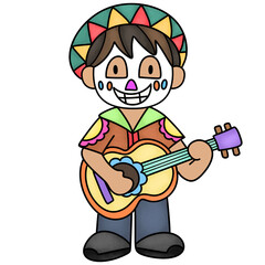 smiling mariachi boy with sugar skull face paint playing acoustic guitar mexican dia de los muertos
