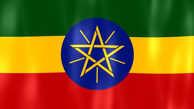 Digital graphics of the waving national flag of Ethiopia featuring its central blue emblem and yellow star