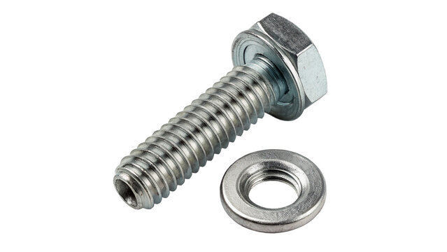 Metal hex bolt screw with round flat washer hardware isolated on white background