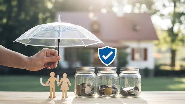 Financial protection concept with savings jars, family figures and umbrella