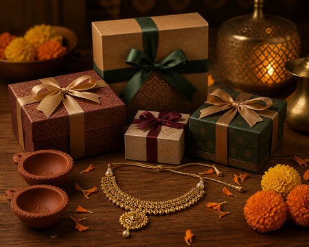 Wrapped gift boxes with clay diya lamps, marigold petals and gold necklace, Diwali product bundle display concept