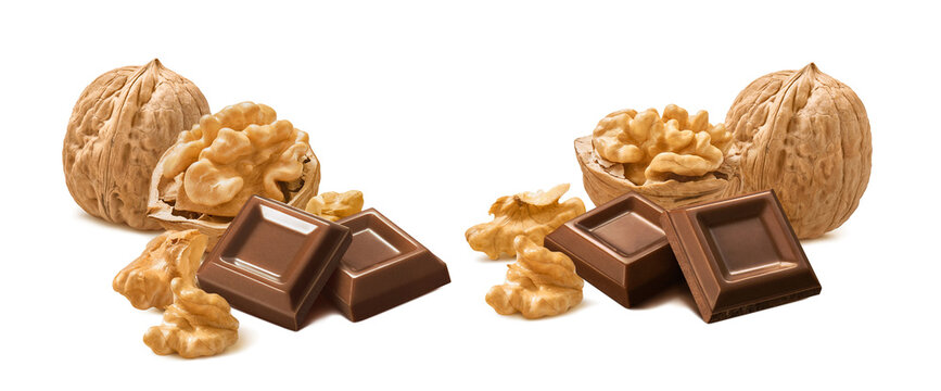 Walnut nut and chocolate bites isolated on white background. Real photography.