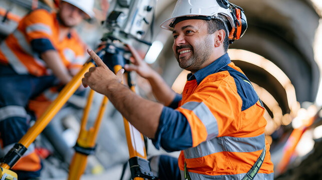 A tunneling crew inside a freshly bored concrete shaft beneath a busy city overpass, one skilled migrant engineer in a hardhat gesturing candidly toward laser survey equipment, natural unposed teamw