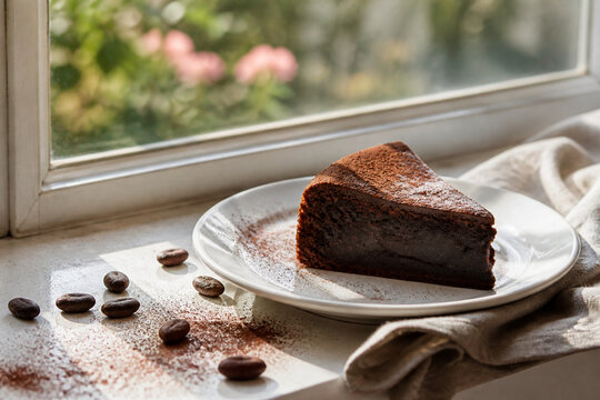 Slice of flourless chocolate cake with cocoa beans and dust on windowsill, indulgence and baking theme