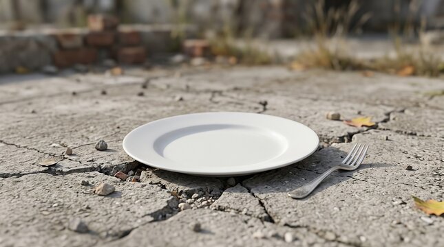 Empty plate and fork on cracked concrete symbolizing hunger poverty and lack of resources