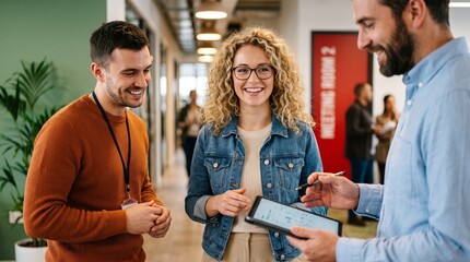 Obraz premium Young professionals networking at business event in modern office hallway with tablet