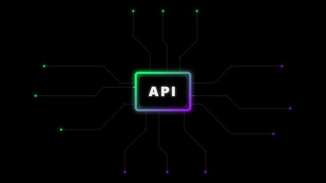 Api integration concept with glowing digital circuitry and data flow animation software development