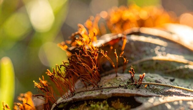 Close up of orange moss on forest floor.
