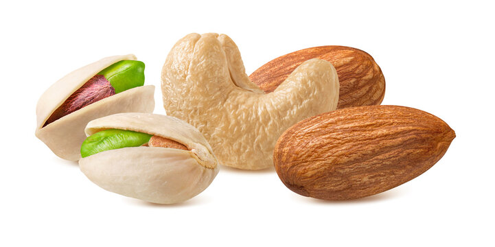 Cashew, open pistachio nuts, almond and peanut isolated on white background. Real photography