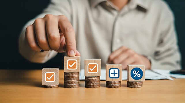 Businessman managing financial savings with stacked coins and digital investment symbols