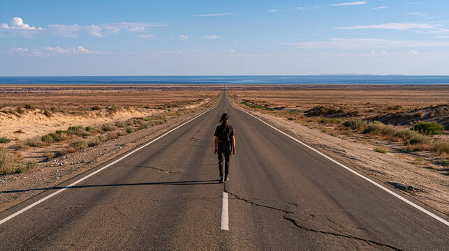 An enormous empty desert highway at midday, a lone checkout operator walking in uniform toward a distant mirage horizon, vast crowd of heat shimmer shapes suggesting mass remittance movement behind 