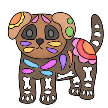 cute sugar skull dog with colorful calavera bone patterns mexican day of the dead graphic