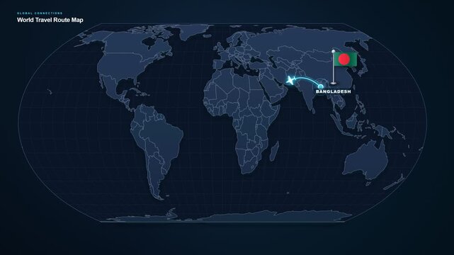 Digital world map footage displaying an international travel route from Bangladesh to the United Arab Emirates with highlighted locations and a connecting flight path