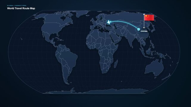 Digital world map footage displaying an international travel route from China to Italy with highlighted locations and a connecting flight path