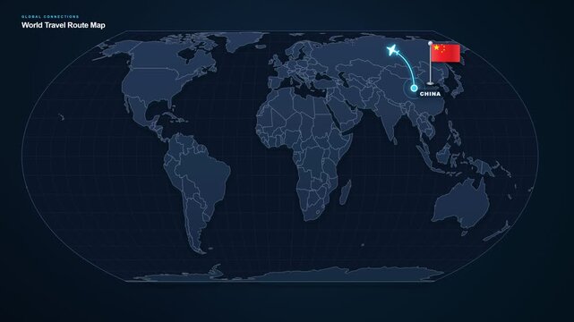 Digital world map footage displaying an international travel route from China to Russia with highlighted locations and a connecting flight path