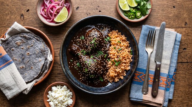 A mouthwatering Mexican mole dish served with fluffy rice and warm corn tortillas, garnished with fresh cilantro and lime. A vibrant and flavorful culinary delight perfect for any gathering.