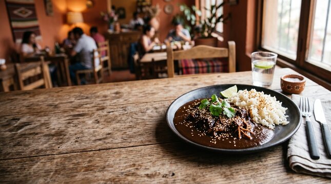 Authentic Mexican Mole Poblano with Rice and Lime served in a rustic restaurant setting with blurred diners in background