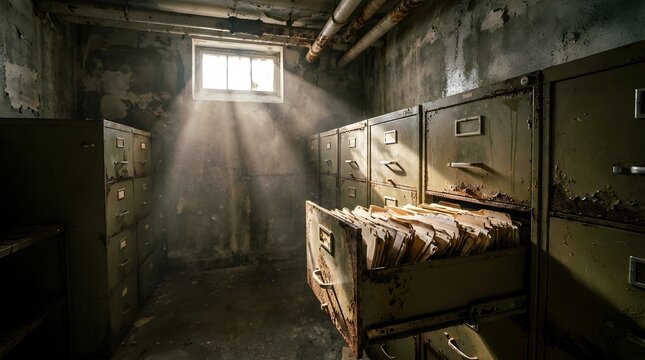 Open Rusty Filing Cabinet with Abandoned Documents in Dark Dusty Room and Cinematic Sunbeams