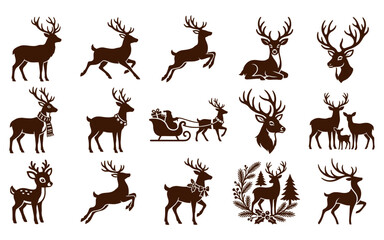 Naklejka premium Collection of detailed brown reindeer illustrations with sleigh and winter foliage designs