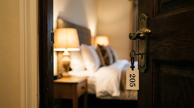 Hotel room door with key tag 205 open to a cozy bedroom interior