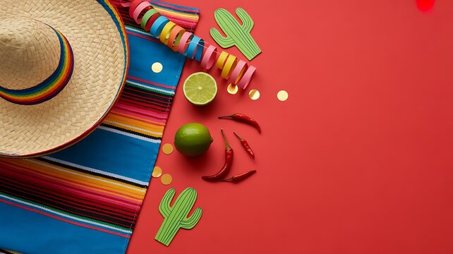Colorful mexican travel flat lay with sombrero, striped textile, cactus decorations, coins and festive accessories on red background