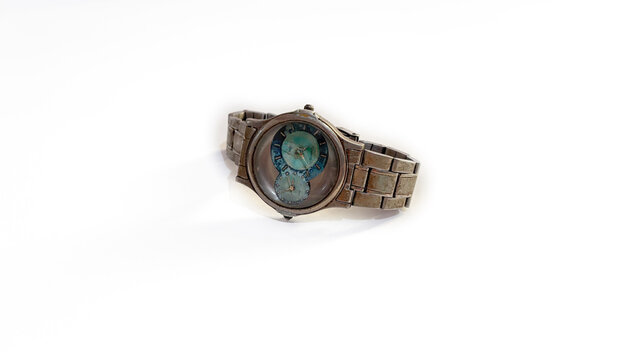 Kediri, East Java, Indonesia &ndash; August 16, 2026: Metallic Wristwatch with Blue Dial Photographed on White Background