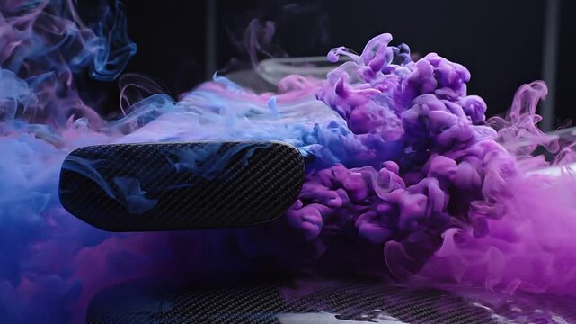 Carbon fiber vehicle component surrounded by swirling blue and pink smoke, dramatic automotive design concept with changing colored vapor