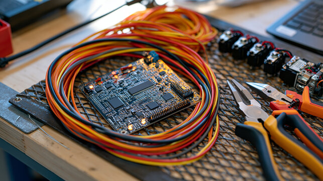 Kids robotics team component box in an industrial workshop setting showing a single circuit board mounted on raw steel mesh, cables coiled neatly and tiny servo motors lined beside wire cutters, the