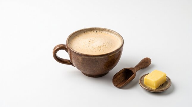 Bulletproof Coffee with Butter and MCT Oil Scoop Isolated on White Background