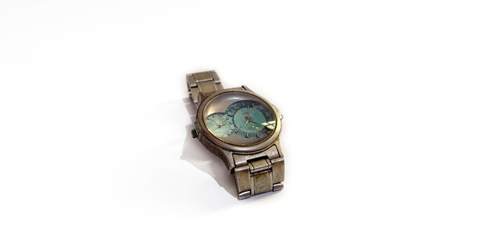 Kediri, East Java, Indonesia &ndash; August 16, 2026: Metallic Wristwatch with Blue Dial Photographed on White Background