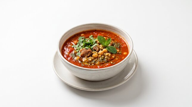 Hearty Harira soup with lamb, chickpeas and herbs in a white bowl isolated on a white background