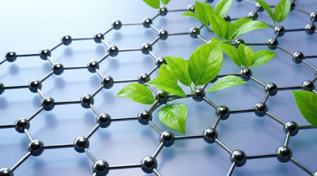 Green leaves growing through a metallic hexagonal molecular lattice structure representing sustainable nanotechnology and eco-friendly innovation