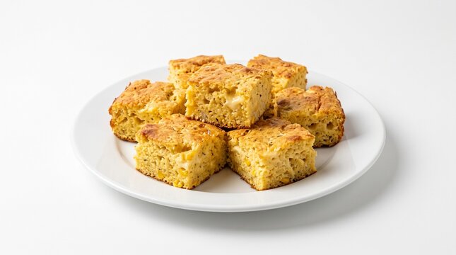 Delicious golden brown cornbread squares with visible corn kernels and melted cheese, served on a white plate against a clean white background