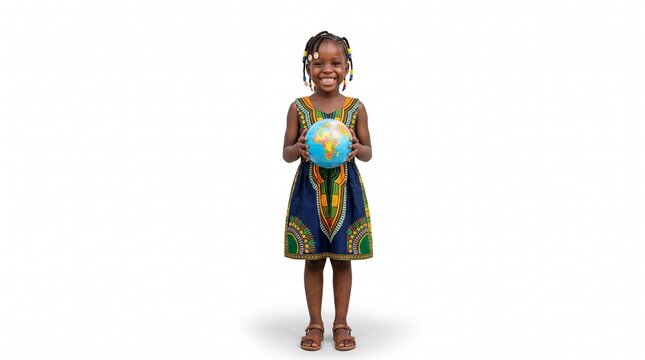 Joyful African girl in traditional dress holding a globe symbolizing global unity and future generations