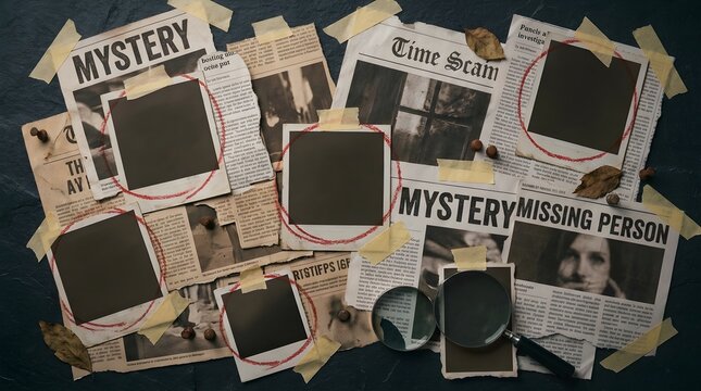 Detective mystery board with newspaper clippings, blank photos and magnifying glass