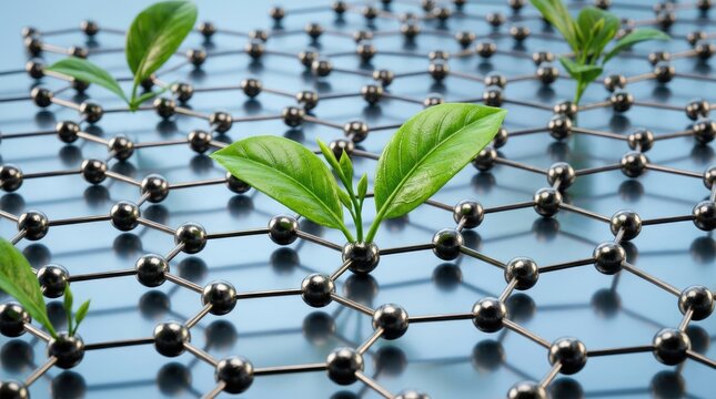 Green leaves growing from a molecular graphene hexagonal lattice structure representing sustainable nanotechnology and biotechnology innovation.