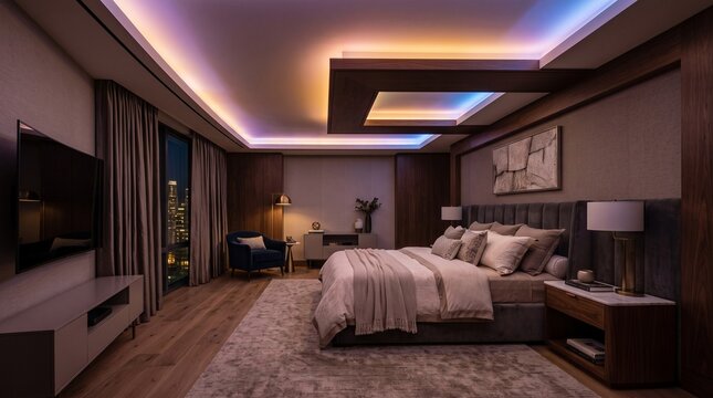 Modern luxury bedroom interior with ambient LED ceiling lighting