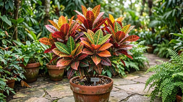 Vibrant croton plant in pot with colorful leaves in greenhouse