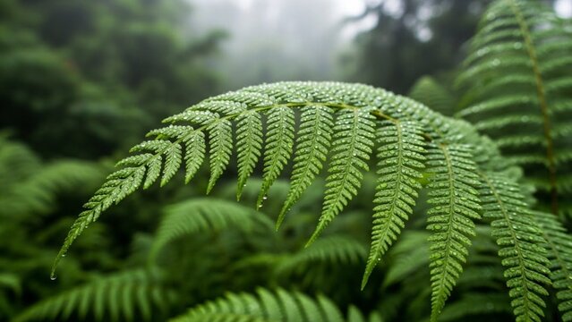 A close-up view of vibrant green fern fronds with tiny raindrops in a misty tropical rainforest setting.