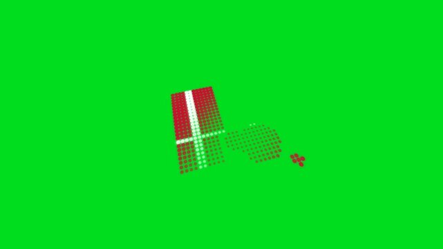 Danish flag rendered as a digital halftone pattern on a bright green background