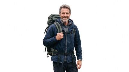 Fototapeta premium Smiling middle aged man with backpack ready for hiking adventure isolated on white background