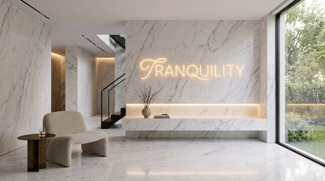 Modern luxury lobby interior with marble walls and neon sign