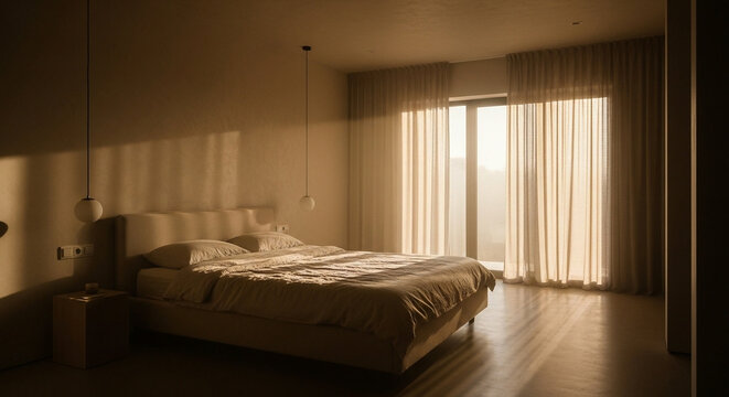 Warm minimalist bedroom with sheer curtains and god-rays of light